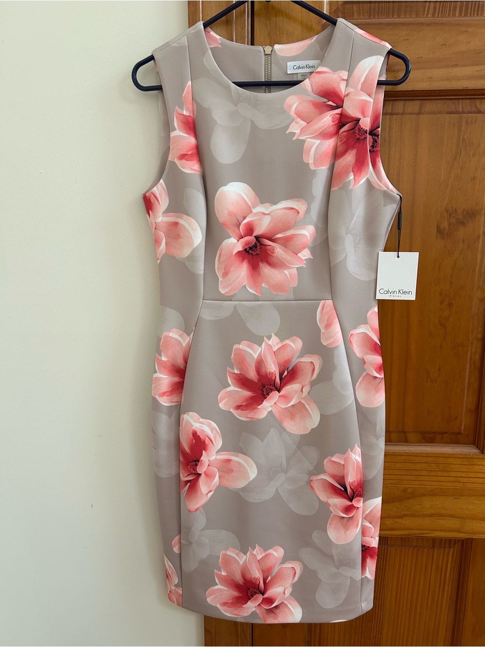 Calvin Klein Taupe Sheath Dress with Pink Floral Motif